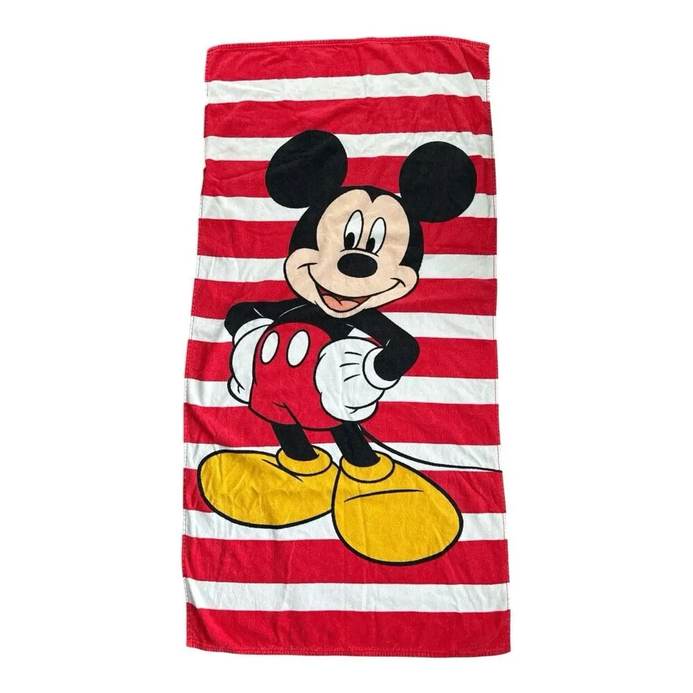 Vintage Disney Red White STRIPED MICKEY MOUSE Beach Pool Bath Towel 29” x 59”
